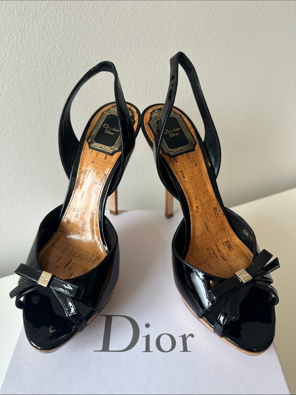 Dior Black Patent Leather Slingback Peep-Toe Heels with Bow Accent